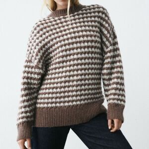 ZARA LARGE NWOT BROWN AND IVORY STRIPED CHUNKY KNIT BOYFRIEND SLOUCHY SWEATER